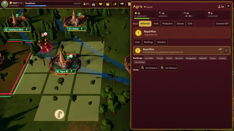 The city screen for Agra, showing food, production, trade, buildings and the build queue